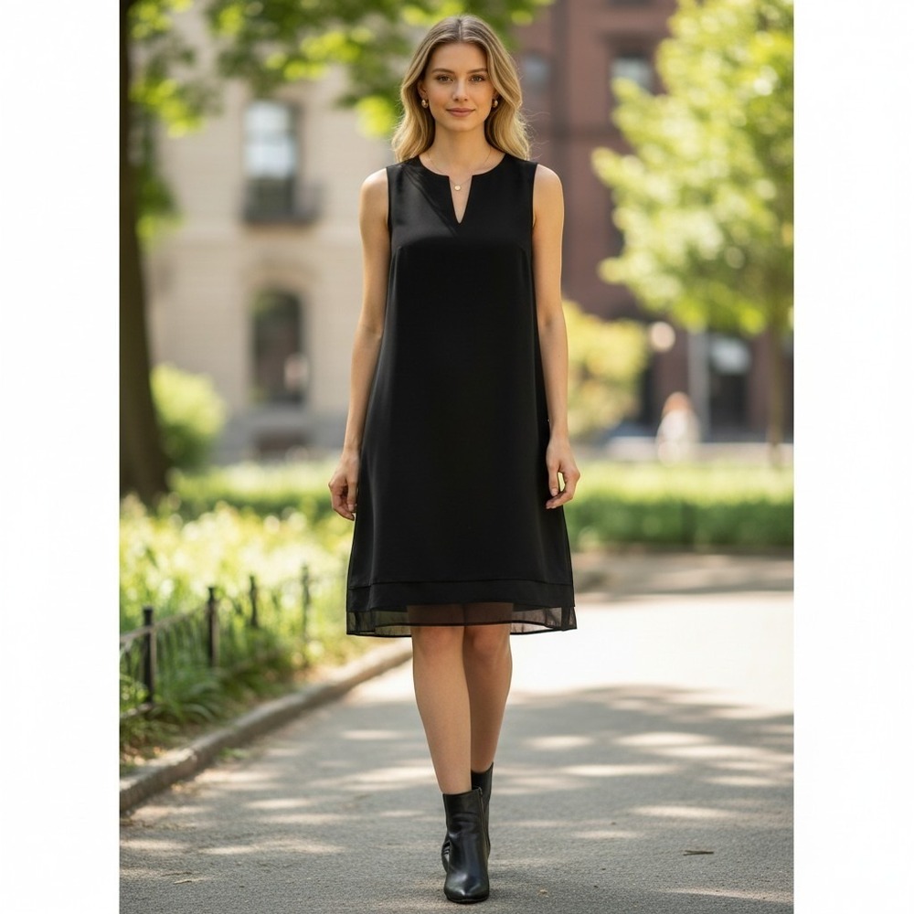 Carmen Marc Valvo Black Sleeveless Split Neck Sheer Hem Shift Dress Large L